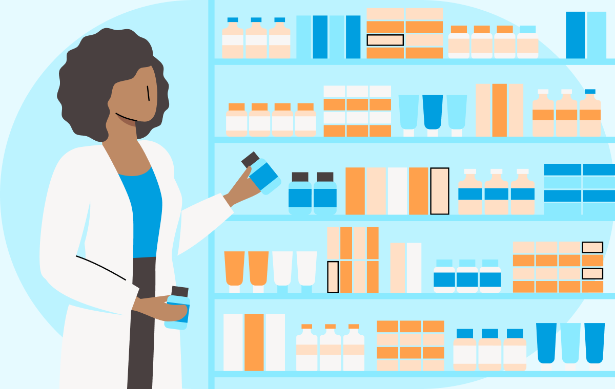 Illustrated image of a pharmacist stacking medicine bottles on a shelf