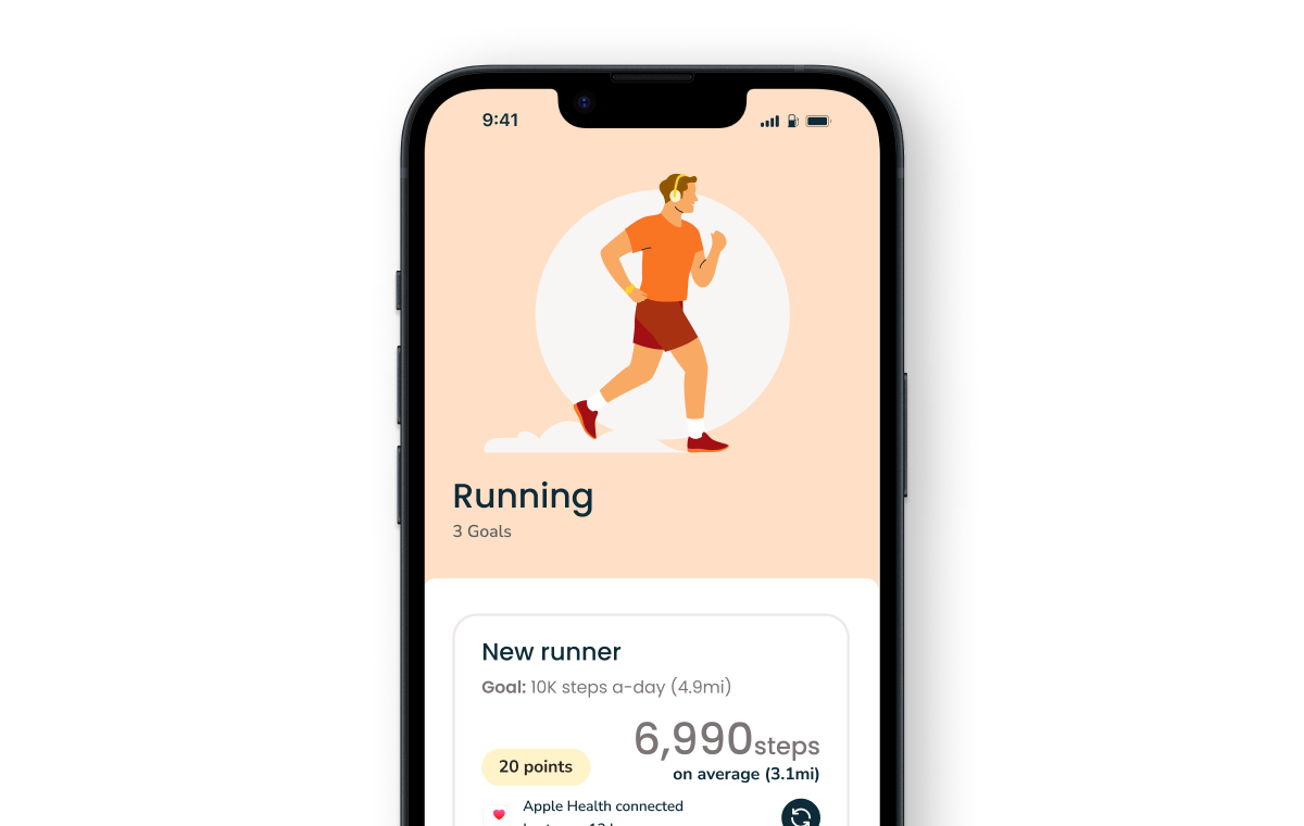Mobile app showing running image with calories and steps