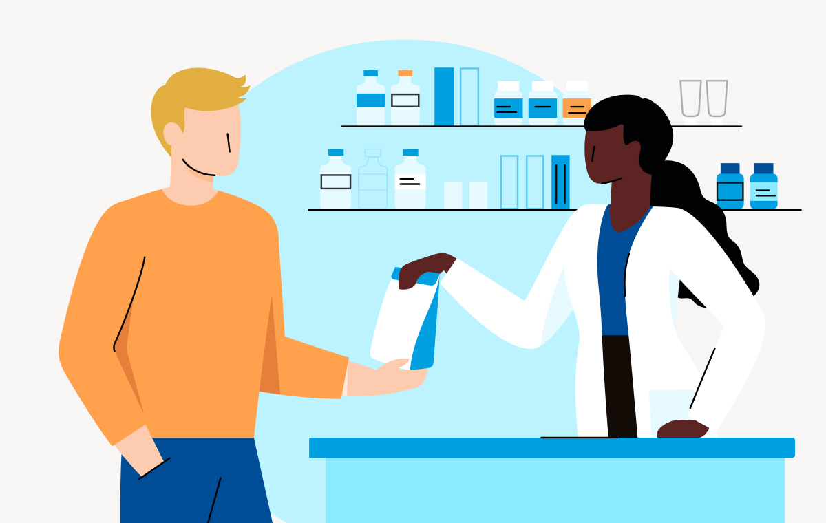 Illustrated image of female pharmacist handing bag to man in red shirt